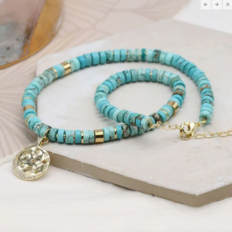 Turquoise Bead Necklace With Golden Star Disc Pendant