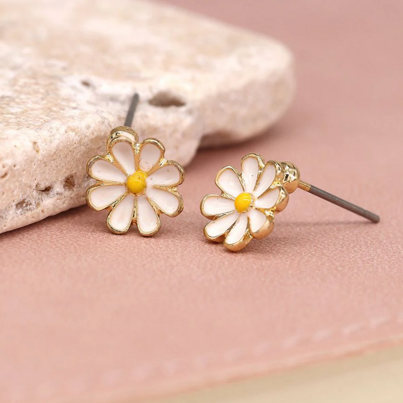 Gold Enamel Daisy Stud Earrings