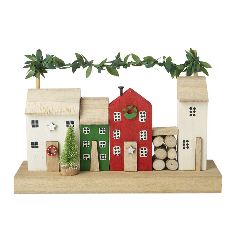 Wooden Houses and Log Shed with Leaf Garland