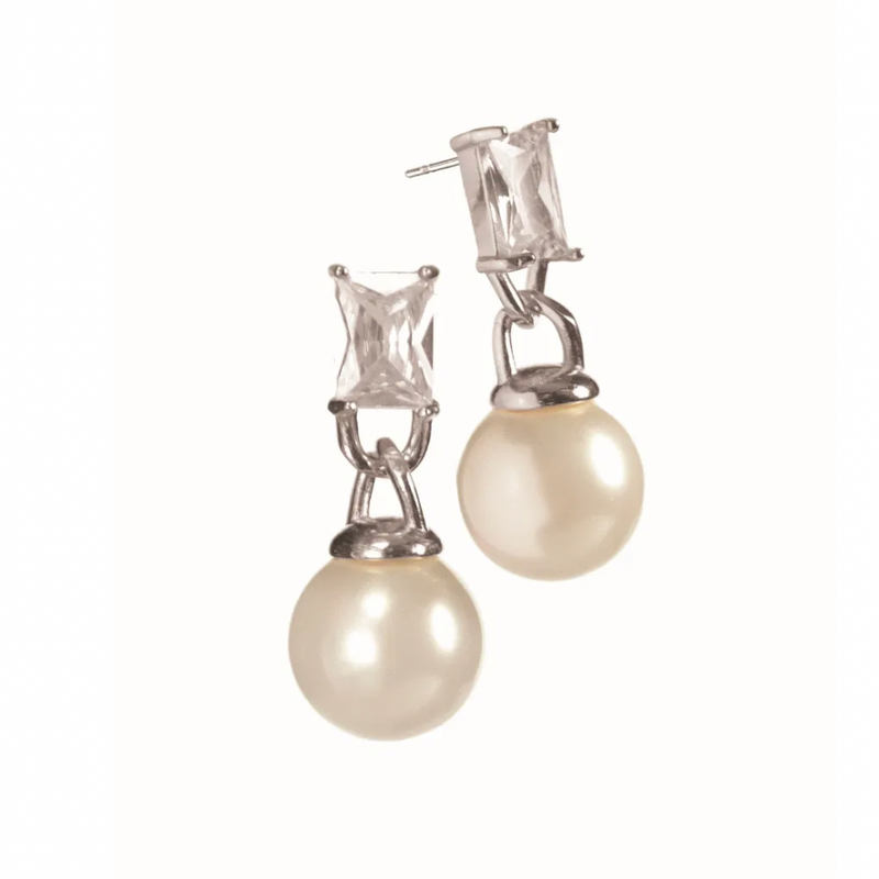 Glass Pearl Earrings with Baguette Cut Crystal