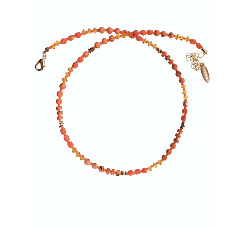 Coral and Gold Stone & Crystal String Necklace