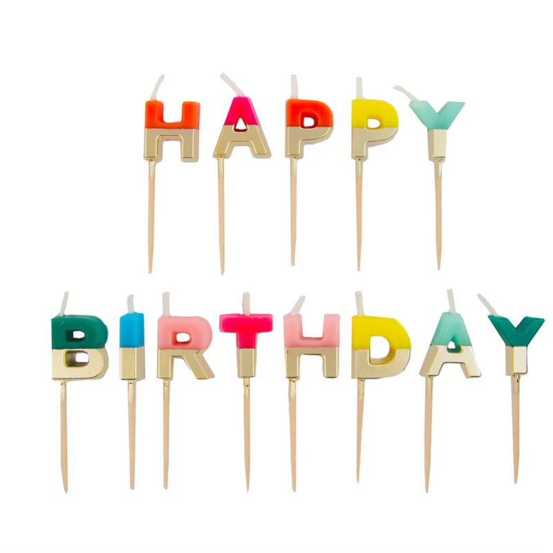 RAINBOW HAPPY BIRTHDAY CANDLES  METALLIC GOLD DIPPED