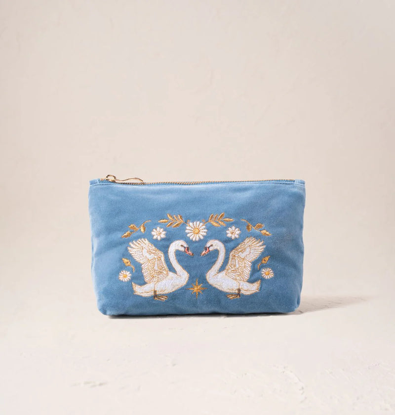 Elizabeth Scarlett Dusky Blue Swan Garden Velvet Pouches