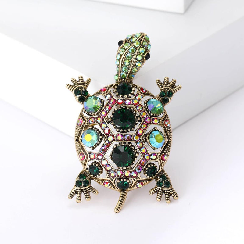 Big embellished turtle brooch in green & gold