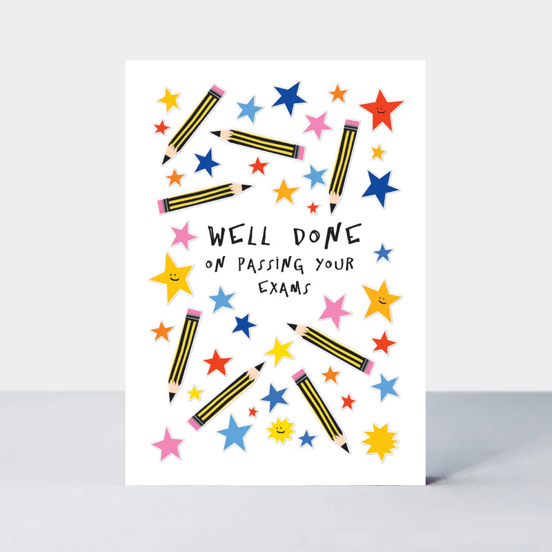 Bookworm - Well Done On Passing Your Exams/Stars & Pencils Card