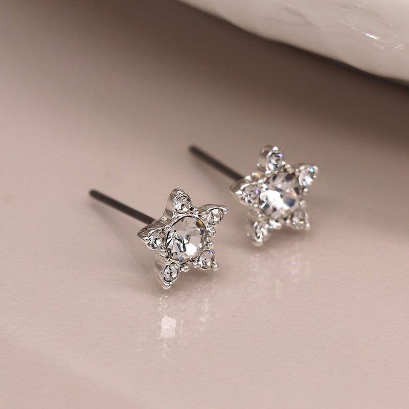 Silver plated star flower crystal stud earring