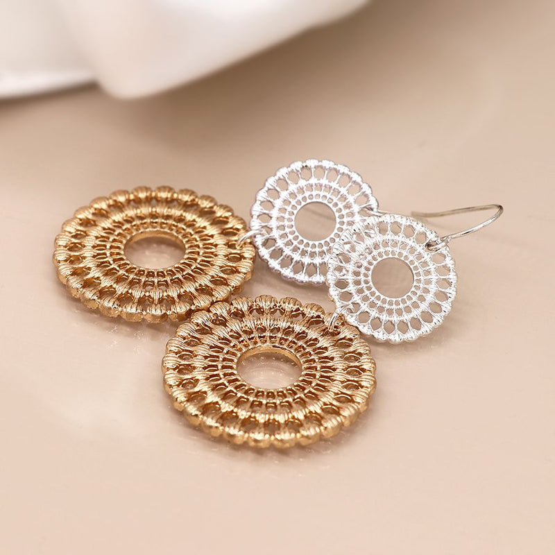 Silver and gold double circle lace earrings