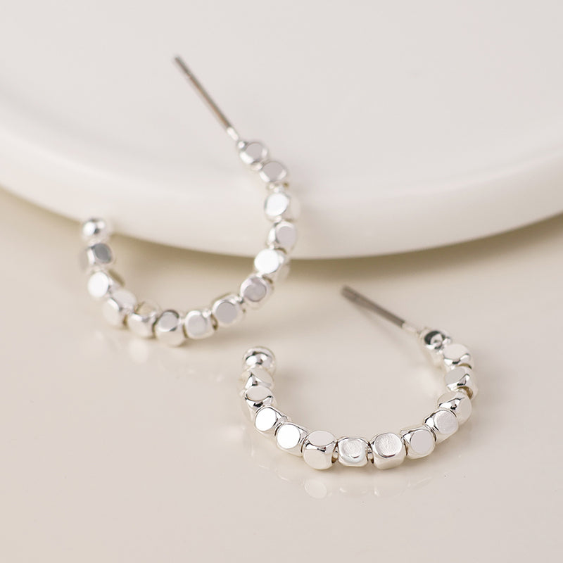 Silver plated cube bead hoop earrings