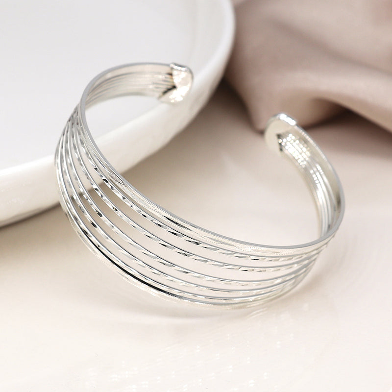 Silver plated hammered multi strand bangle