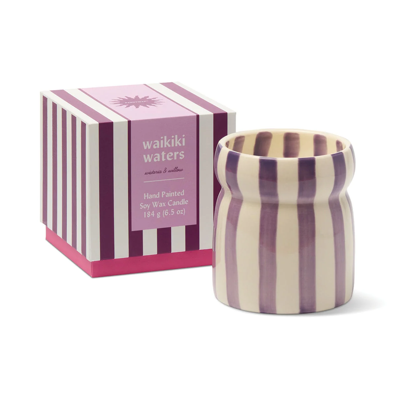 CabanaWaikiki Waters Purple Striped Ceramic Candle