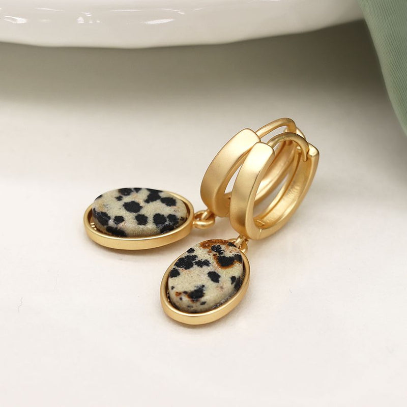 Matt golden hoop and oval Dalmation Jasper earrings