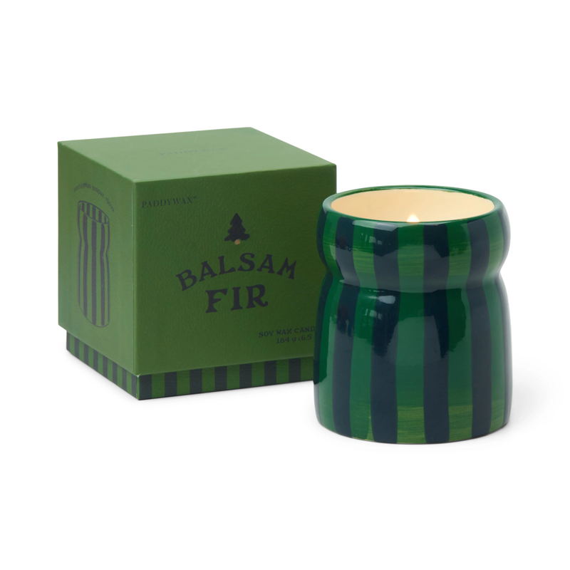 Cabana 6.5oz/184g Green/Navy Striped Ceramic Candle - Balsam Fir