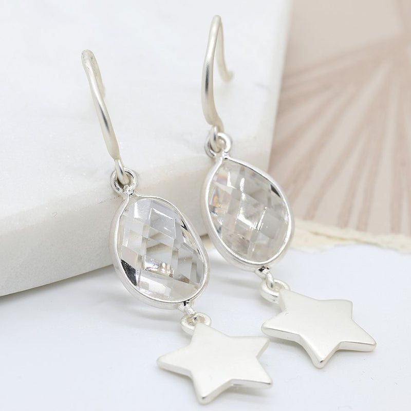 Matt finish silver plated star and crystal drop earrings