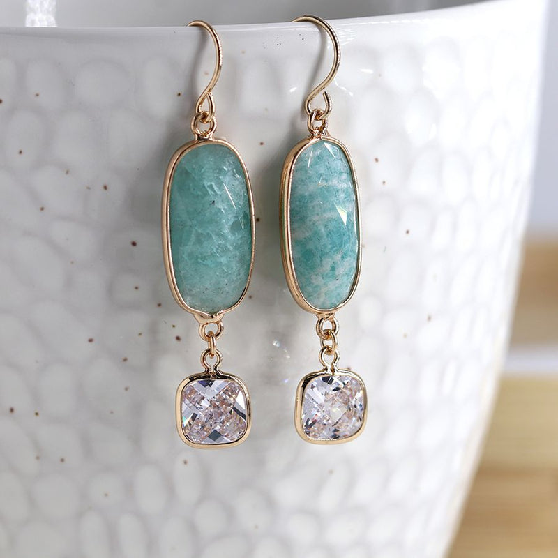 Aqua stone and crystal golden set drop earrings