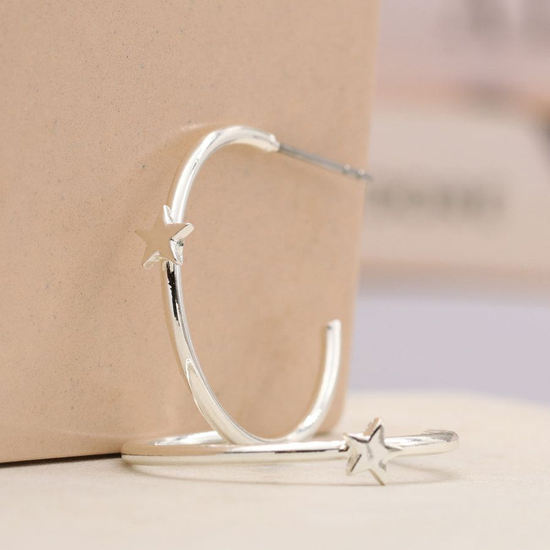 Silver plated fine open hoop stud earrings with a star