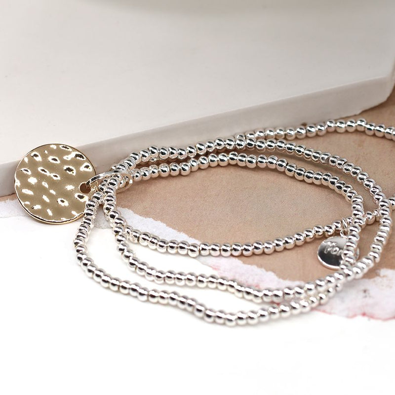 Silver Plate Triple Strand Bracelet with Golden Disc