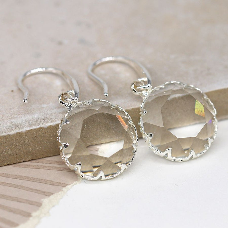 Silver plated large round faceted crystal earrings