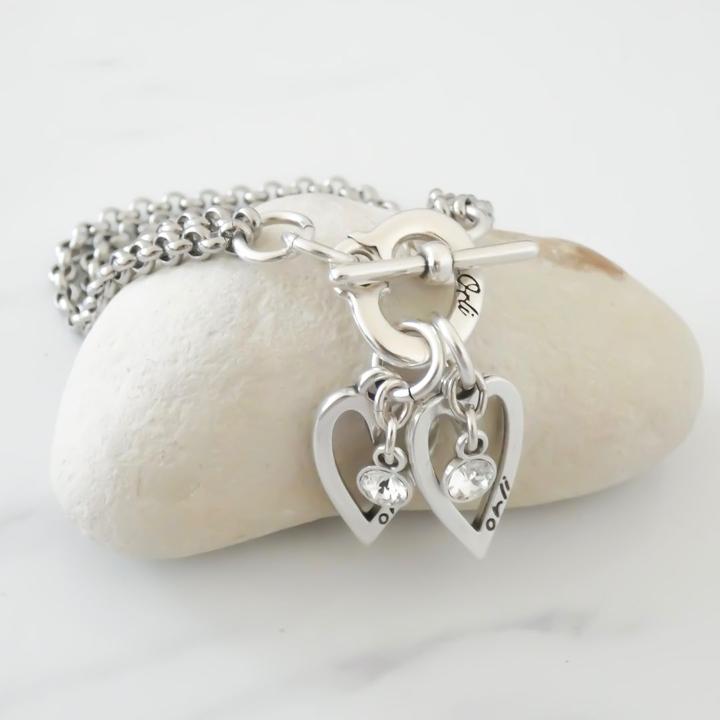 Double Fine Roll Silver Chain T-Bar Bracelet with Two Hearts Necklace