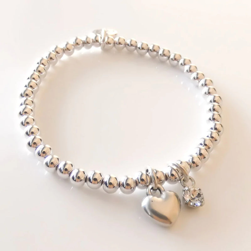 Silver Beaded Bracelet with Puffed Heart and Crystal