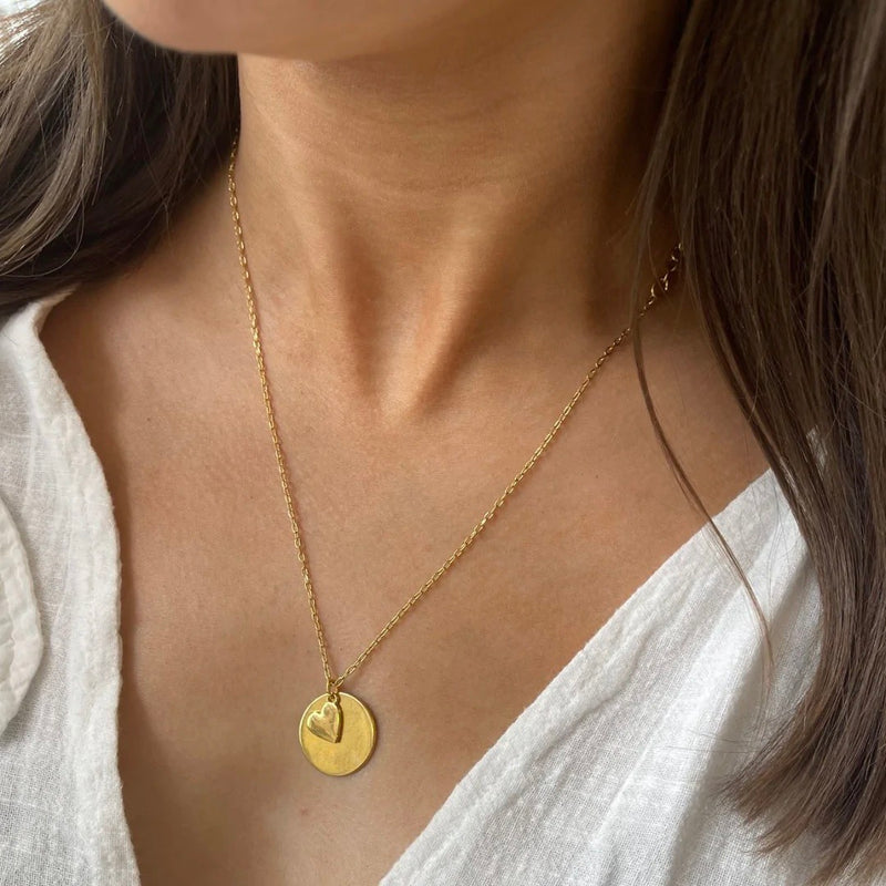 Gold Disc and Mini Heart Necklace