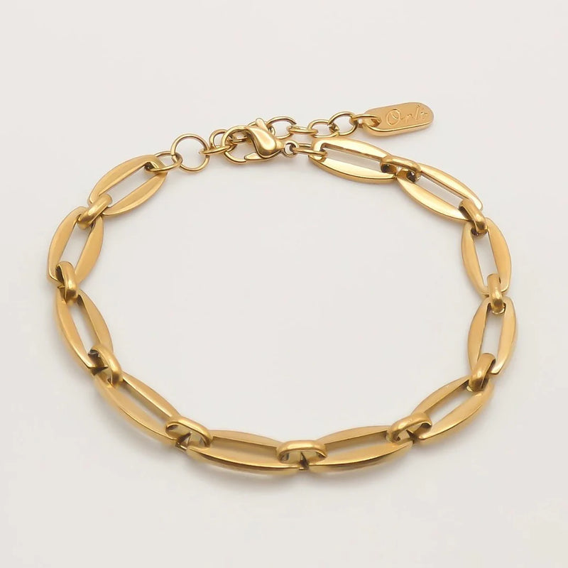 Long link gold chain bracelet with a lobster fastener