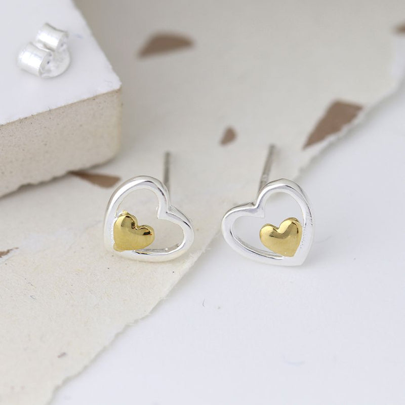 Sterling silver and gold double heart earrings