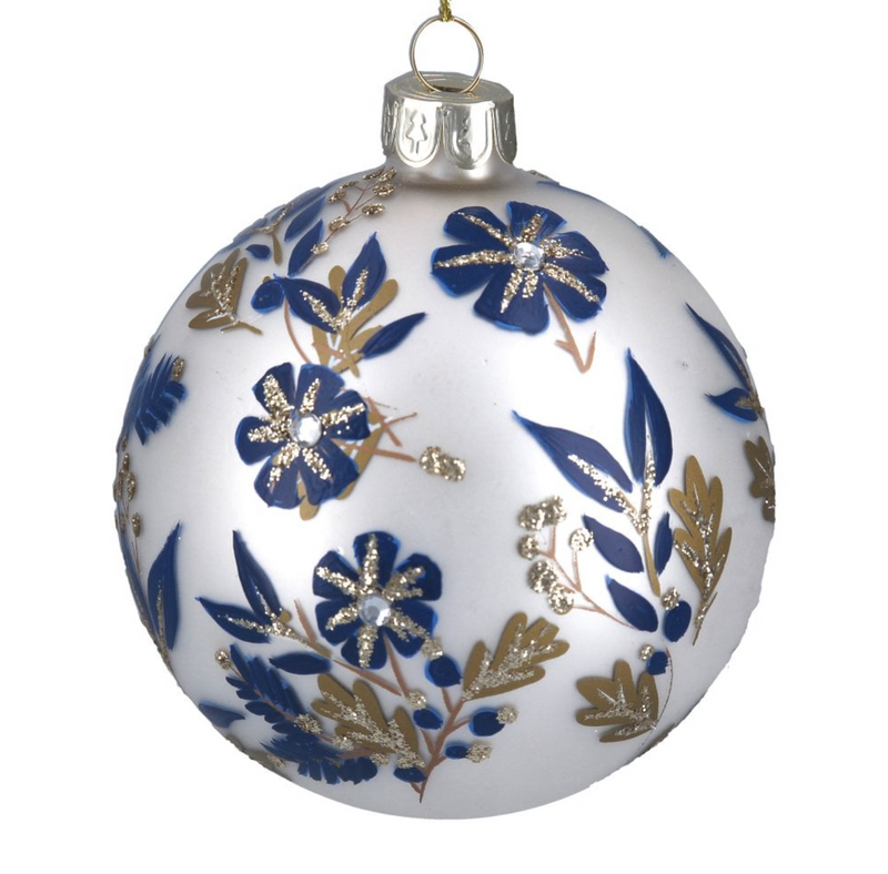 White bauble with decorative blue flowers