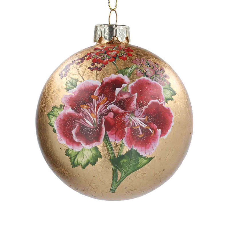 Glass Bauble 8cm - Antique Gold w Red Flower